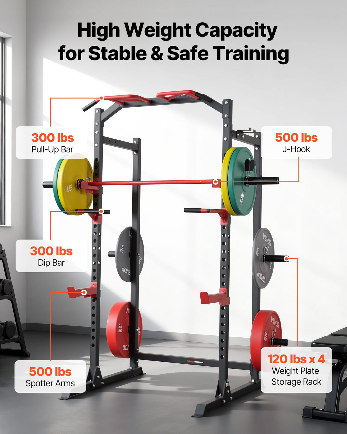 VEVOR Power Cage Power Rack, Multifunctional Barbell Squat Rack with Adjustable Height, Home Gym Strength Training Workout Equipment with J-Hooks & More Fitness Attachment for Bench Press Pull-Up Dips
