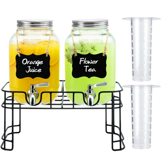 1 Gallon Glass Drink Dispensers for Parties, 2PACK Beverage Dispenser with Stand, Ice Cylinder and Stainless Steel Spigot 100% Leakproof, Beverage Dispenser for Lemonade Sun Tea