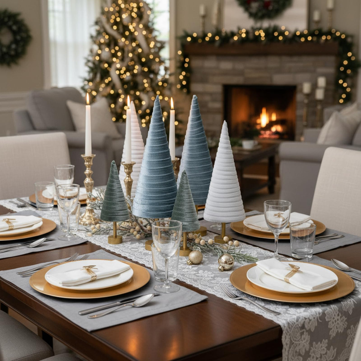 Hoolerry 6 Pcs Christmas Velvet Trees with Gold Pedestal Christmas Velvet Cones Tree Mantel Decor Modern Rustic Winter Home Minimalist for Holiday Entryway Table Wedding Centerpiece(Morandi)
