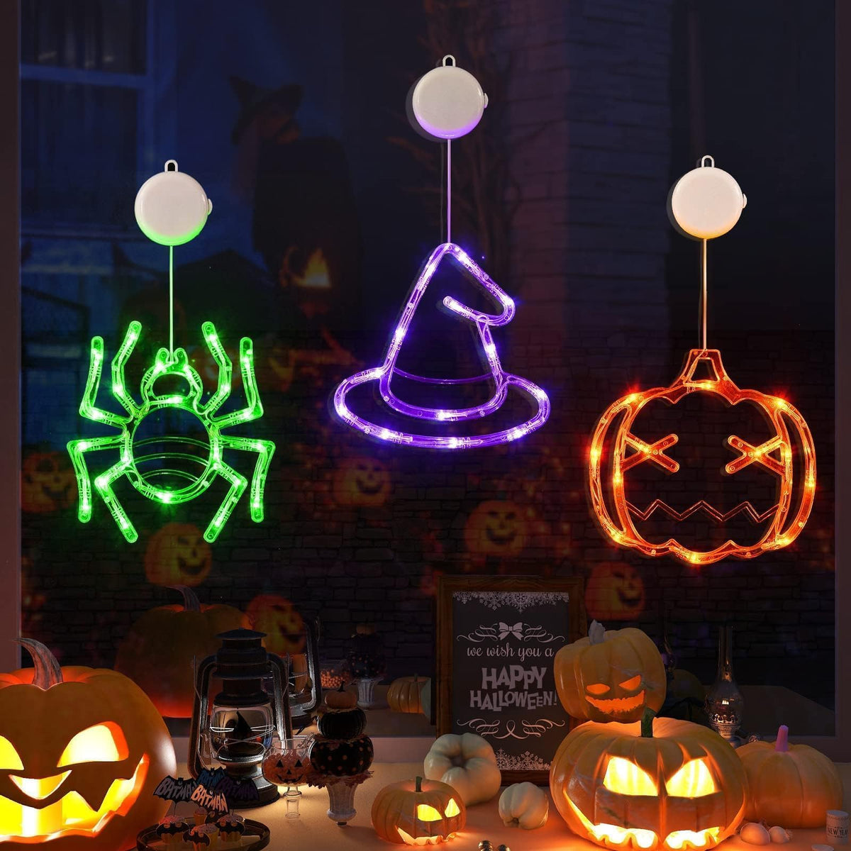 LOLStar Halloween Window Decorations 3 Pack Orange Pumpkin Green Spider Purple Witch Hat Battery Operated Window Lights with Suction Cup Slow Fade Timer Function Halloween Indoor Lights for Windows