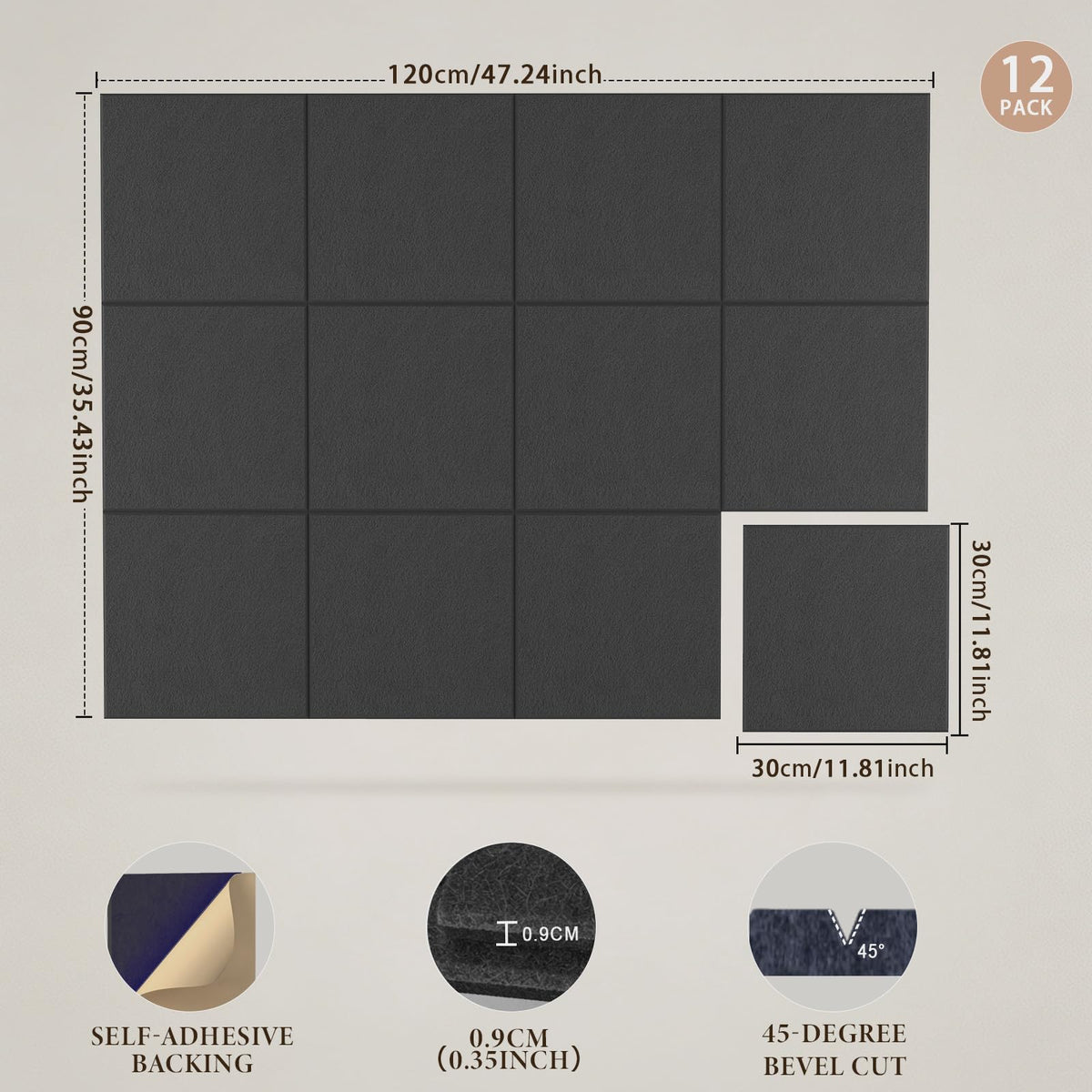 JBER Large Felt Bulletin Board 48"x36" - 12 Pack Felt Wall Tiles, Cork Board Alternative to Use in Office & Home Decor, Classroom Decor, Vision Board to Display Your Photos(Black)