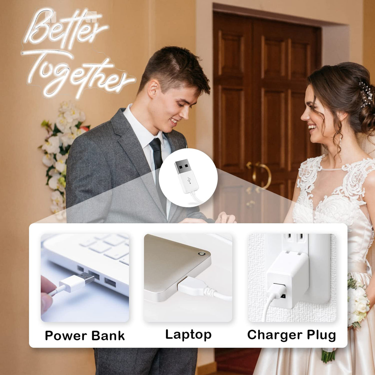 Looklight Better Together Neon Sign Led Lights Decor for Room Wedding White Neon Signs Letters Neon Light for Wall Decor Wedding Engagement Celebrate Party Connectivity