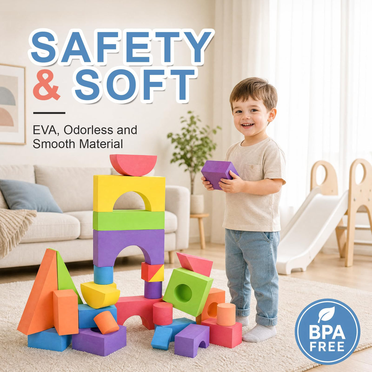 Bingyouth Large Building Foam Blocks for Toddlers, EVA Stacking Foam Building Blocks Toy Set, Non-Toxic, Washable, Early Learning Construction Toys & Gifts for Kids Boys & Girls (Blue, Pieces, 30)