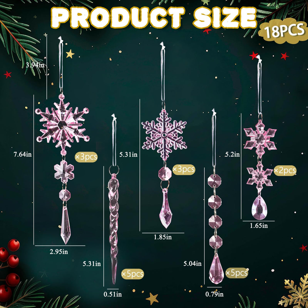18pcs Crystal Christmas Ornaments for Christmas Tree Decorations-Pink Hanging Acrylic Snowflake and Icicle Ornaments with Drop Pendants for New Year Party Decorations Supplies