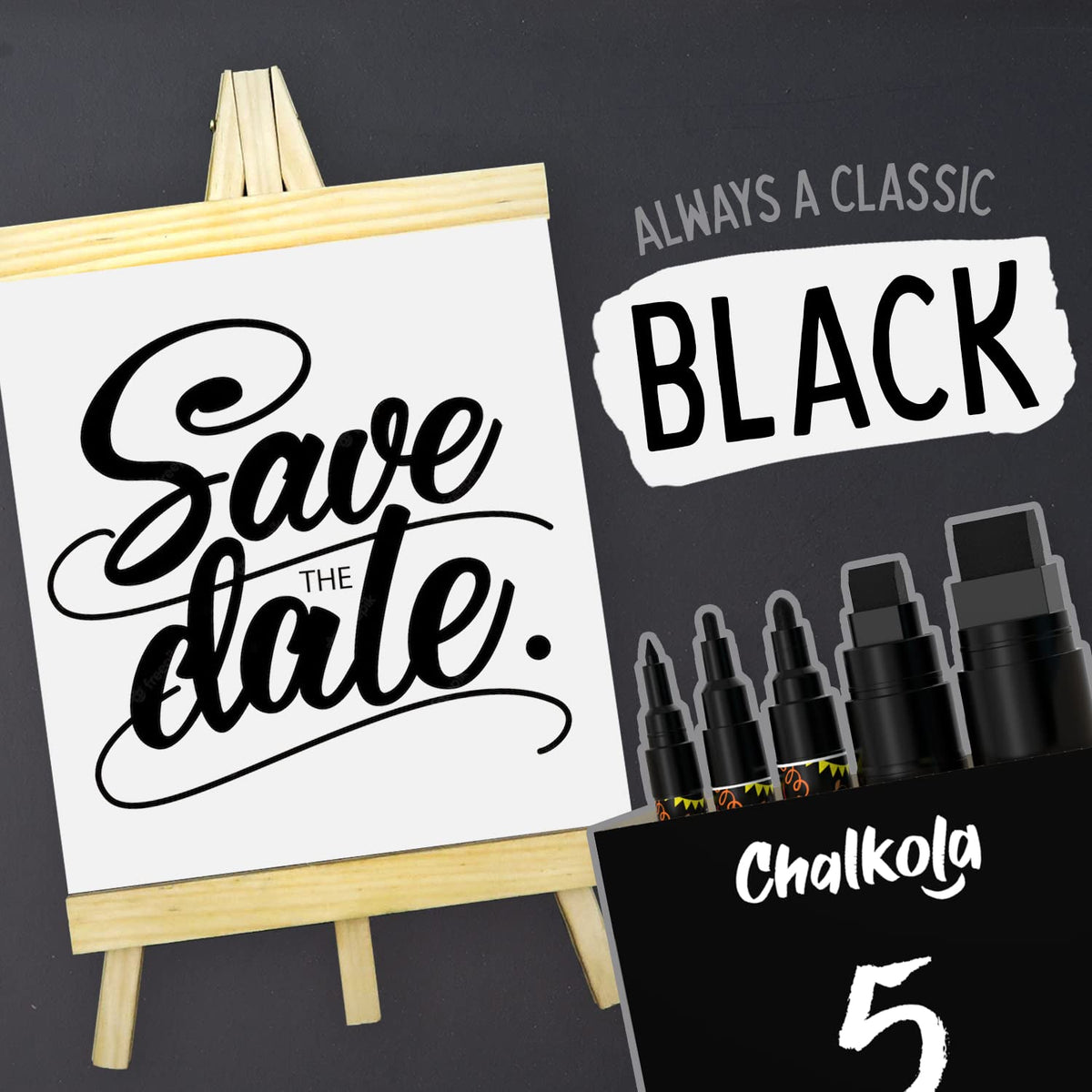 5 Black Chalkboard Chalk Markers - Black Dry Erase Markers for Blackboard, Chalkboard Signs, Windows, Glass | Variety Pack - Fine & Jumbo Size Ink Pen (1mm, 3mm, 6mm, 10mm, 15mm)