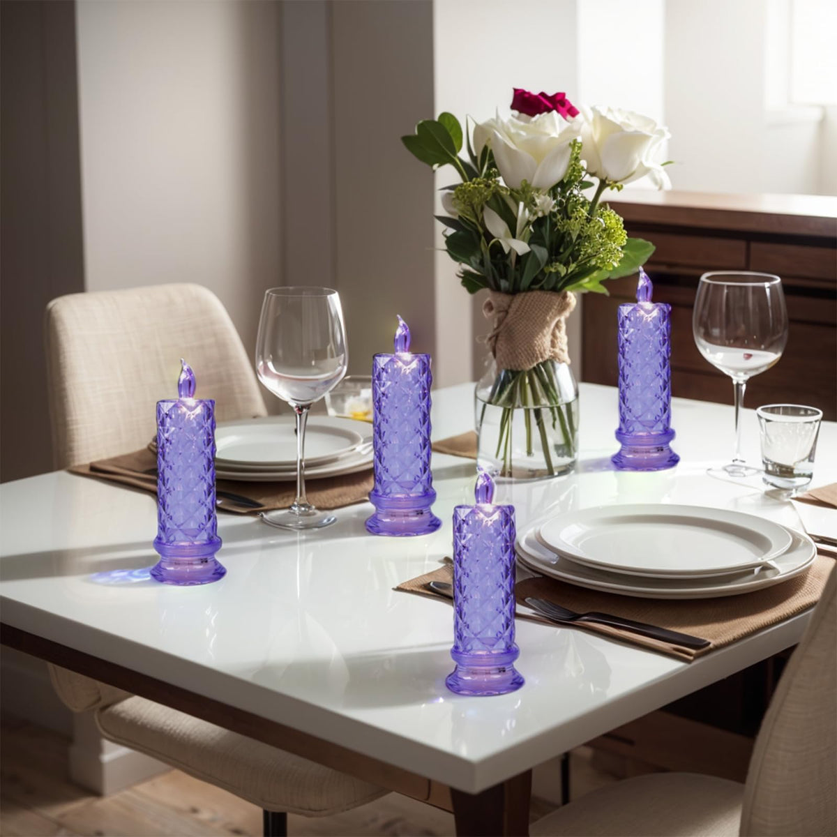 SupBri LED Candles, 4Pack Battery Operated Candles with Rose Light Halo, Romantic Flameless Pillar Candles for Valentines Halloween Decorations(Purple, D 2.5" x H 7.2")