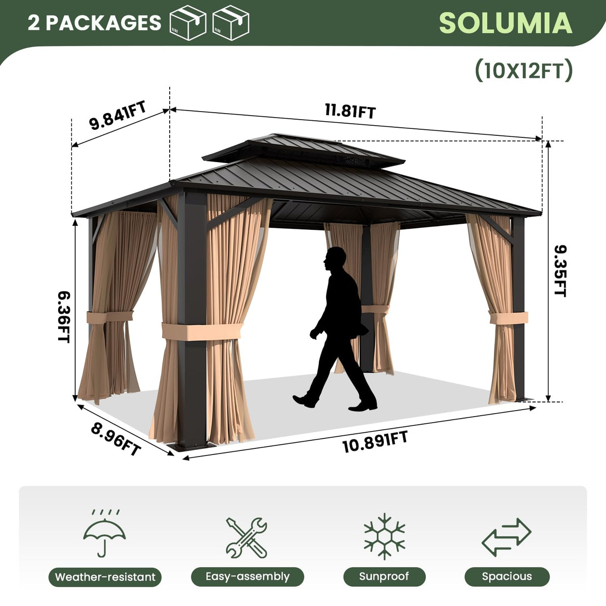 SOLUMIA 10’x12’ Hardtop Gazebo, Galvanized Steel Double Roof Canopy with Aluminum Frame, Outdoor Pavilion with Nettings and Curtains