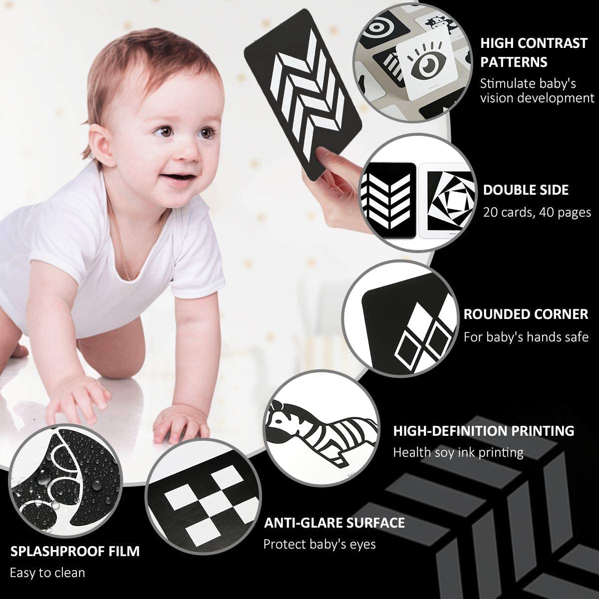 beiens High Contrast Baby Flashcards, Black White Color Newborn Brain Development Toys, Visual Stimulation Learning Activity Cards, Educational Infants Gift (Black & White(for 0-3 Months))