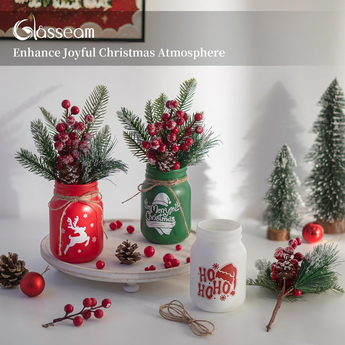 Glasseam Christmas Vases for Table Centerpiece: 3pcs Christmas Decorations Mason Jar with Artificial Flowers - Glass Flower Vases Set for Indoor Fireplace Mantle Home Decor
