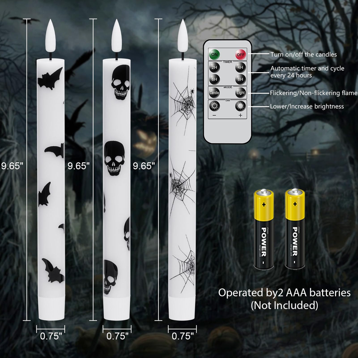 GenSwin Flameless Taper Candles with Remote Timer, 6Pcs LED Flickering Taper Candles Battery Operated Real Wax with Spider Webs/Skull/Bats Decals for Halloween Spooky Decoration (White, 0.78”x9.65”)