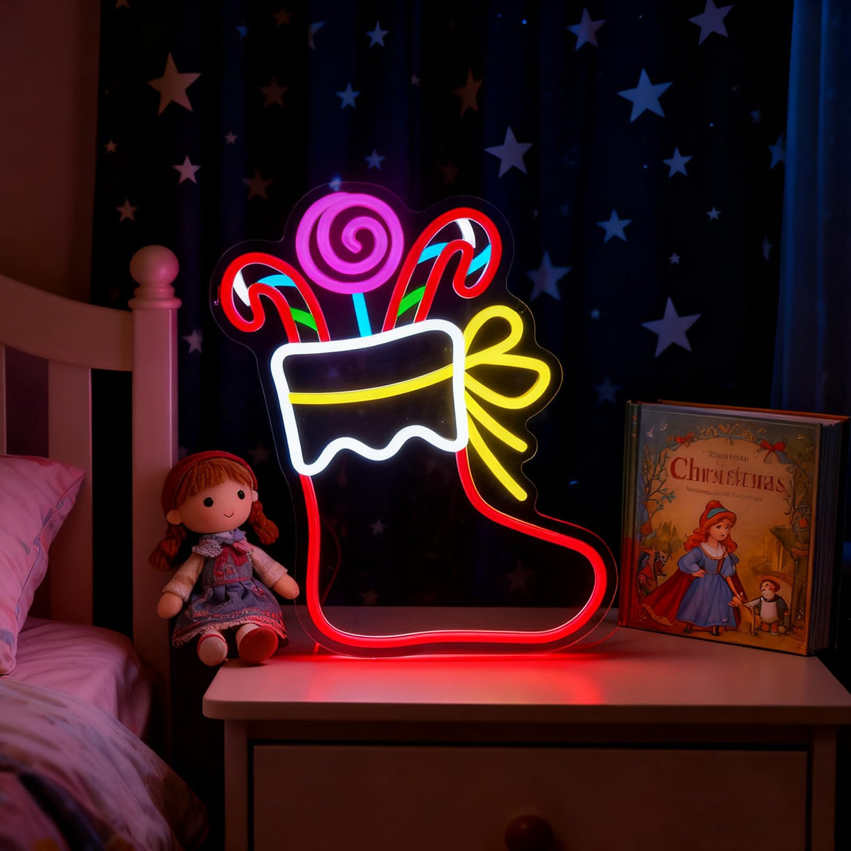 Mvorixa Christmas Stocking Neon Sign, Dimmable LED Neon Christmas Wall Lights, Xmas Decoration for Indoor Holiday Party, Kids Bedroom, Living Room, Bar, Pub, Xmas Tree, Window Display Decor, New Year Gift