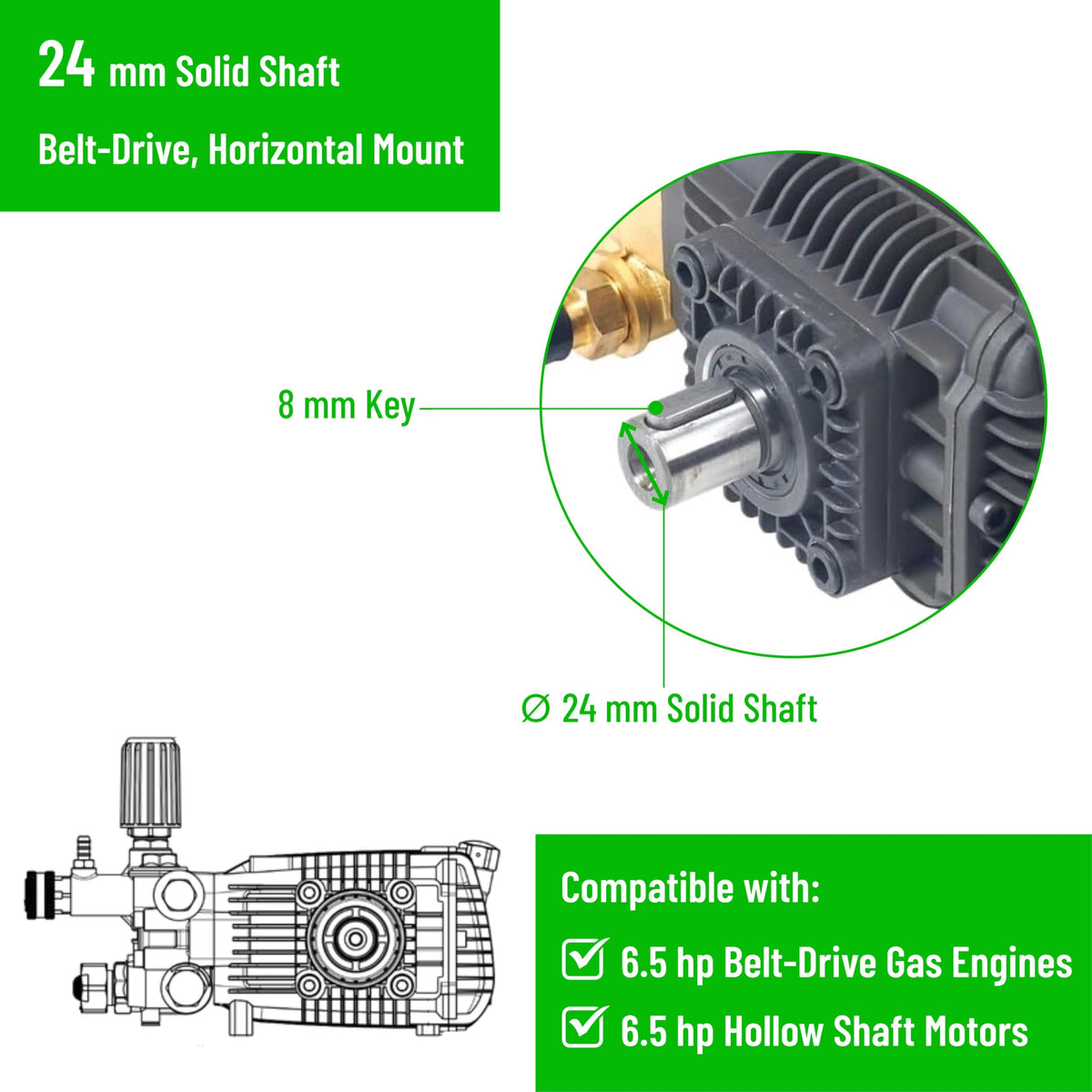 Canpump CF 3230 S: 3200 psi @ 2.9 US gpm Belt-Drive Pressure Washer Pump with External Unloader, 24 mm Solid Shaft, Max 1725 RPM, Horizontal Triplex Pump
