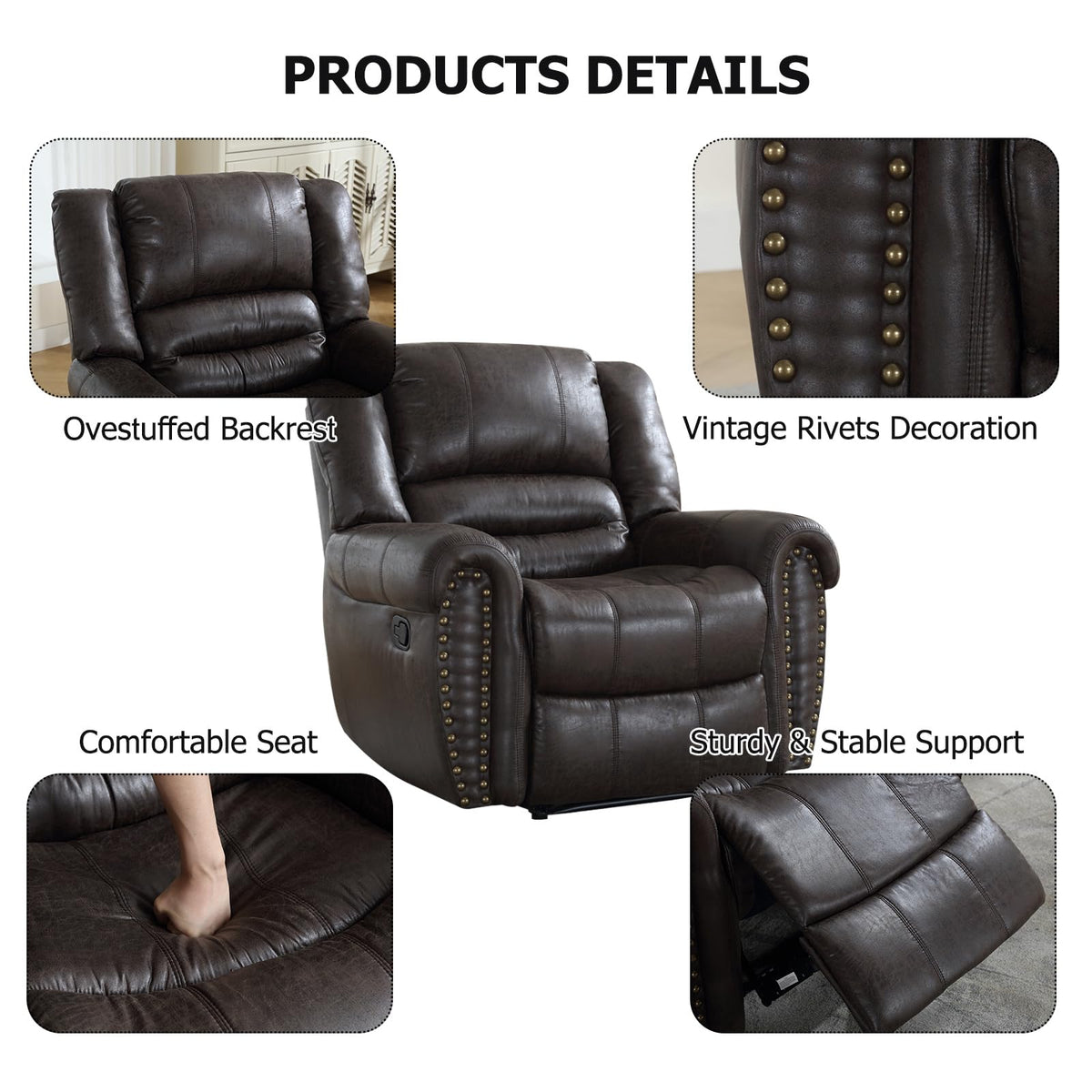 CANMOV Leather Recliner Chair, Classic and Traditional Manual Recliner Chair with Comfortable Arms and Back Single Sofa for Living Room, Dark Grey