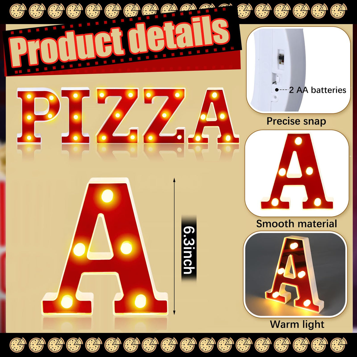 Aurelema Pizza 6.3" Light up Letters Sign Party Decorations Battery Powered Marquee Lighted Sign LED Alphabet Letter Lights for Christmas Night Party Birthday Home Tabletop Decor Supplies Xmas Gift