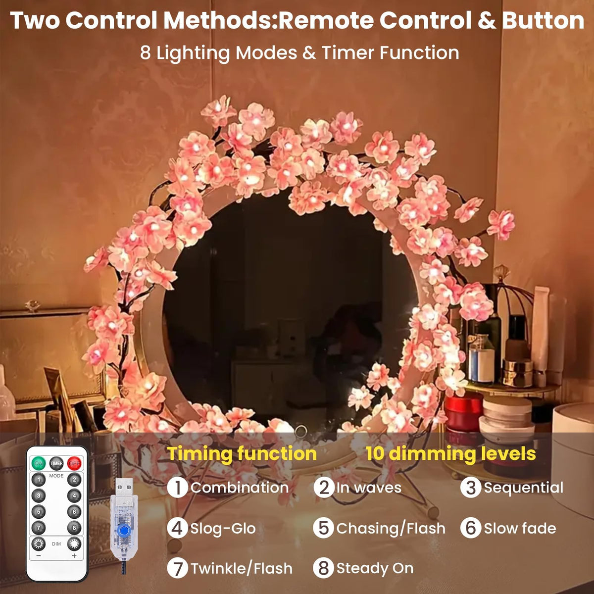 Cherry Blossom Tree Branch Lights for Wall,Cherry Enchanted Willow Vine Lights,with 144 LED and 8 Lighting Modes,Remote Timer,for Bedroom Wall Doors Windows Wedding Christmas Holiday (90inch)