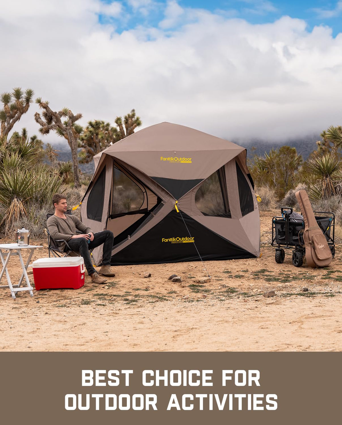 FanttikOutdoor Alpha C4 Ultra Camping Tent 4 Person Pop Up Instant Cabin Setup in 60 Seconds Portable Hub Tent with Rainfly & Windproof for Outdoor Camping & Overlanding, Khaki