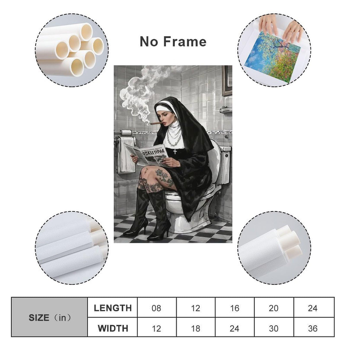 JHXNJDPOST Nun Smoking in Bathroom with Newspaper Poster Black And White Canvas Wall Art Aesthetic Decorative Painting Living Room Restaurants, Pool Halls And Hotelsstyle-6 12x18inch(30x45cm)