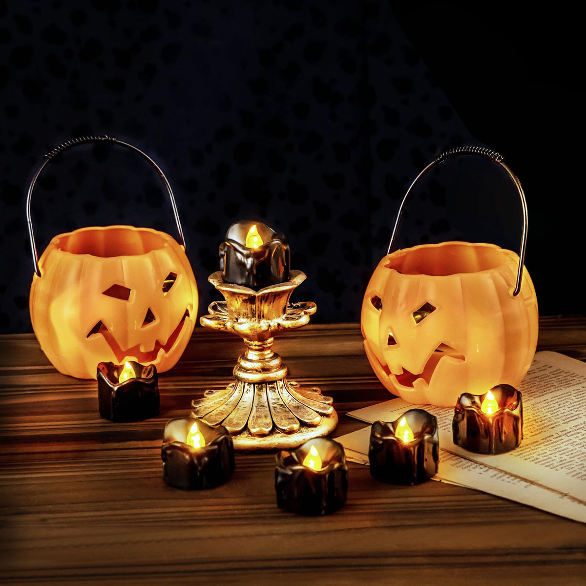 Windshell Black Tealight Candles with Auto 6H Timer (No Remote), Battery Operated LED Flameless Tea Lights with Melting Design, for Halloween Wedding Party, 12 Pack