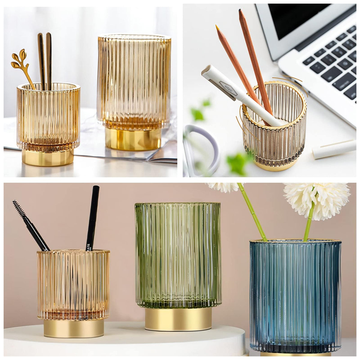 DASITON Makeup Brush holder Organizer,Crystal Cosmetic Makeup Brush Glass Brushes Storage Holder, Vintage Make Up Brush Cup Pen Pencil Holder striped vase(Coffee L)