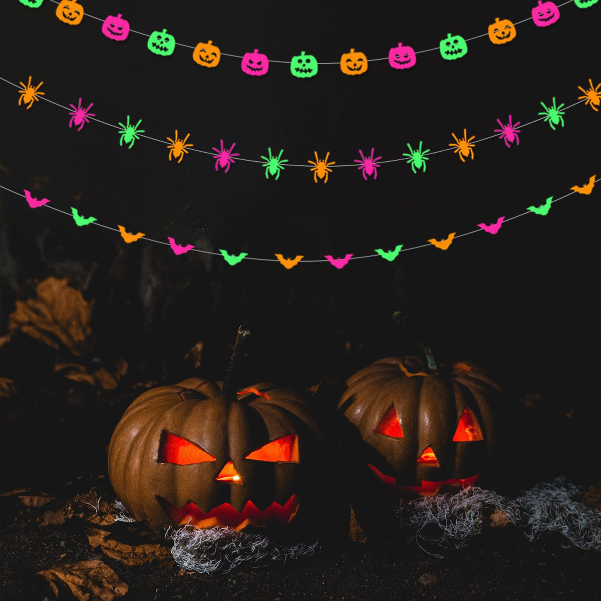 Halloween Party Decorations Neon Banner - 3pcs Glow in The Dark Paper Pumpkin Bats Spiders Hanging Swirls Streamers,Window Fireplace Room Ceiling Garland, Baby Shower Birthday Supplies Decor Panduola