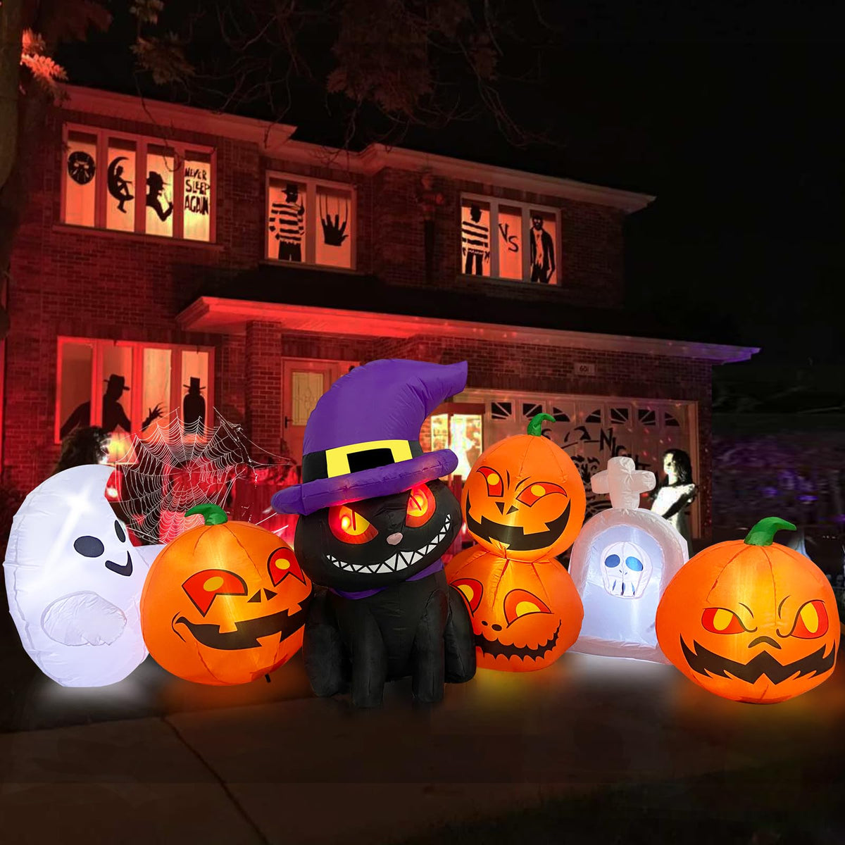 MICOCAH Halloween Inflatables Outdoor Decorations 8 FT Long Funny Pumpkin Black Cat Blow Up Lanterns Built-in LED Lights with Ghost Tombstone Scary Yard Decoration for Holiday Party Outside Lawn