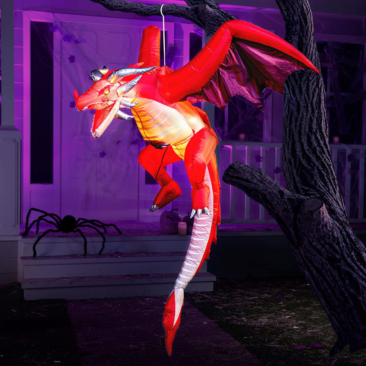Joiedomi 5 FT Tall Halloween Inflatable Hanging Fire Dragon Decor with Build-in LEDs, Inflatable Blow Up Flying Dragon with Light for Halloween Party Indoor, Outdoor, Yard, Garden, Lawn Decorations