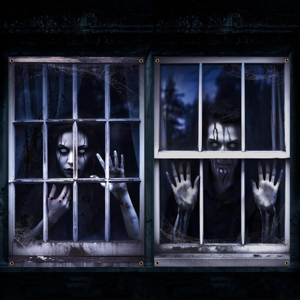 Newwiee 2 Pcs Scary Halloween Curtain Window Silhouette Cover Decoration Theme Poster for Indoor Outdoor Party Wall Door(Spooky Ghost)