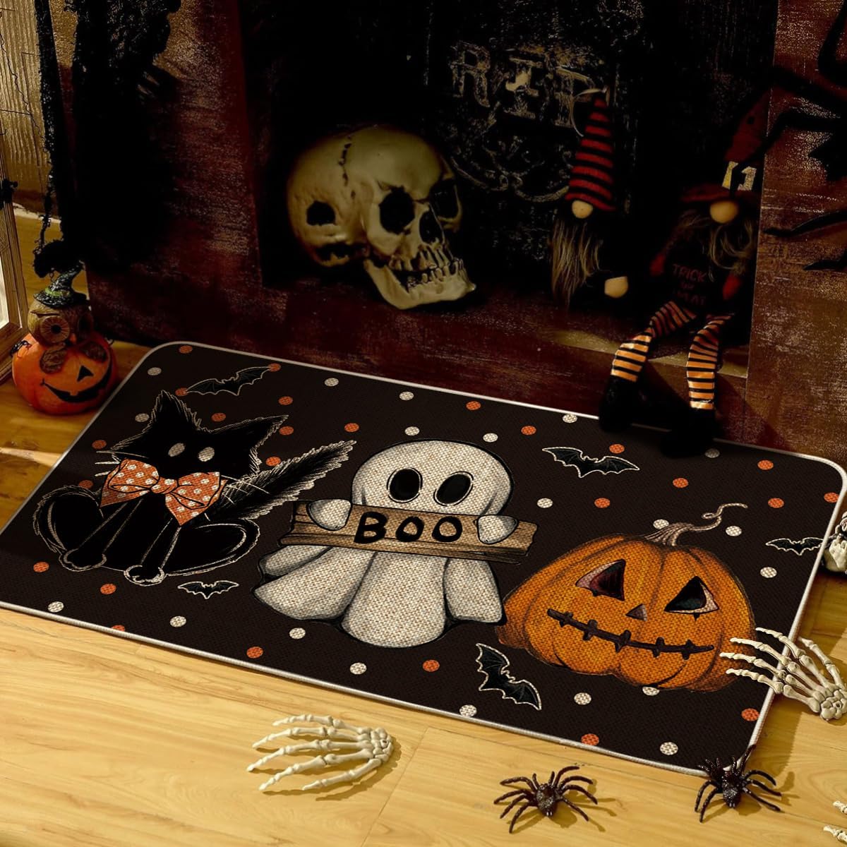 Artoid Mode Black Cat Jack-O'-Lantern Ghost Pumpkins Halloween Doormat, Seasonal Low-Profile Floor Switch Mat for Indoor Outdoor 17x29 Inch