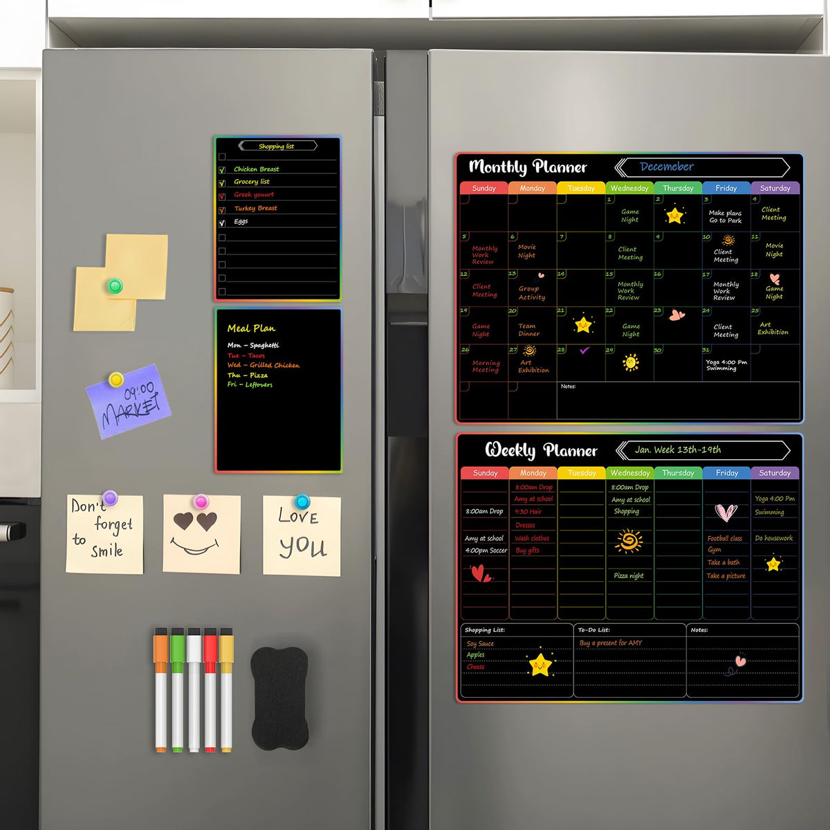 MaxGear 4 Pack Black Magnetic Fridge Calendar Set, 15x11.5 Dry Erase Chalkboard Calendar Whiteboard for Refrigerator, Includes Monthly, Weekly, List & Small Board with 5 Markers, 1 Eraser, 5 Magnets