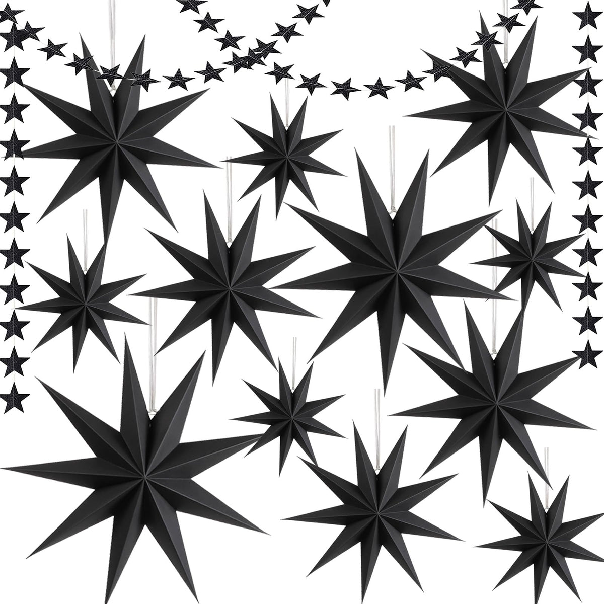 WNSIRVY 12 Pack 9-Pointed Large 3D Paper Star Lanterns Black Hanging Lanterns with Glitter Star Garland for Halloween & Christmas Parties & Weddings & Birthdays