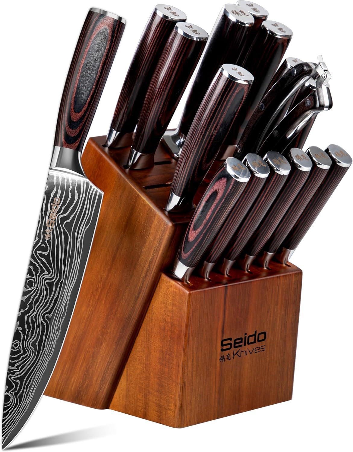 17-Piece Master Chef Knife Block Set – Damascus Steel & Acacia Wood Block