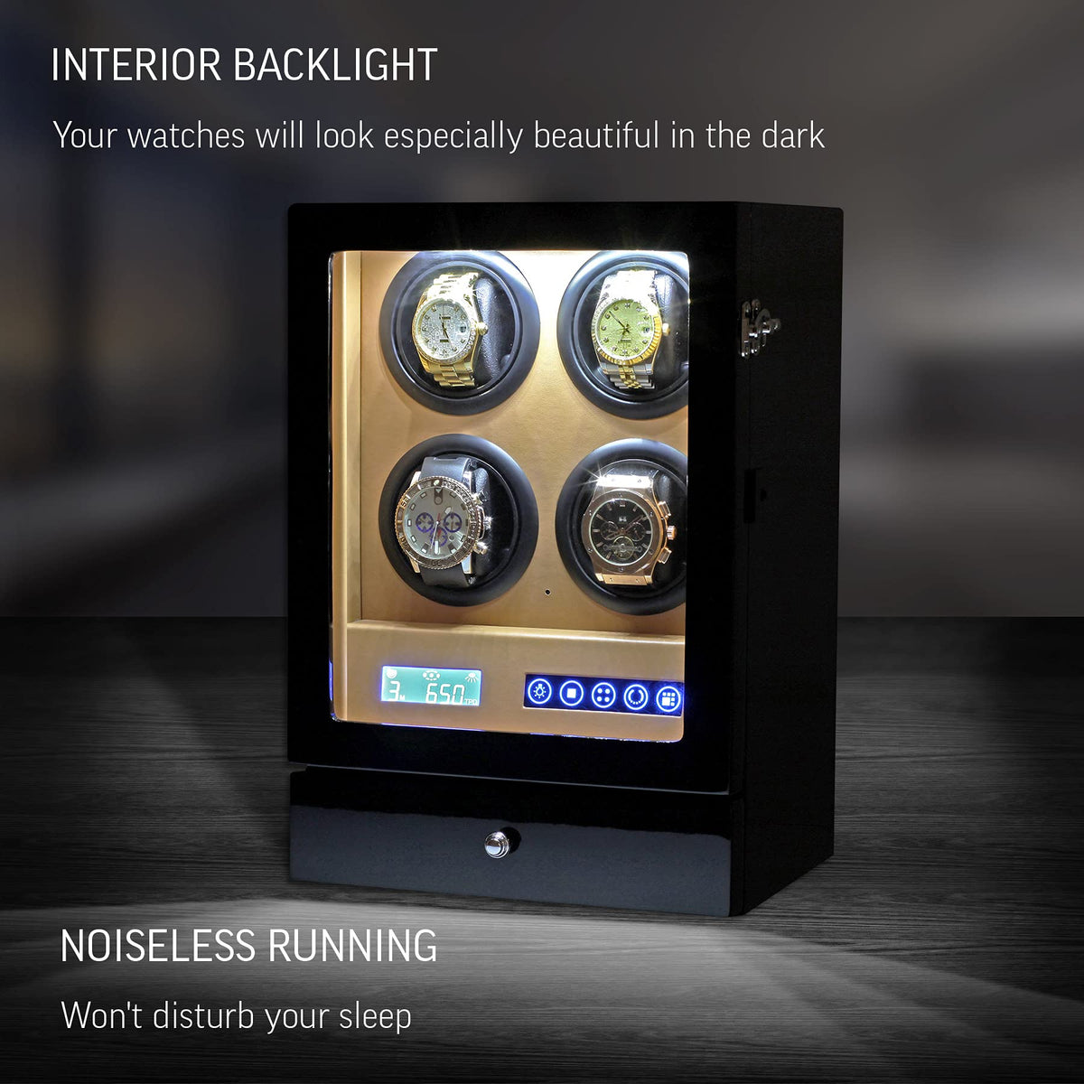 Automatic Watch Winder with LED Light, Storage Drawer and LCD Touchscreen Control (Black + Brown)