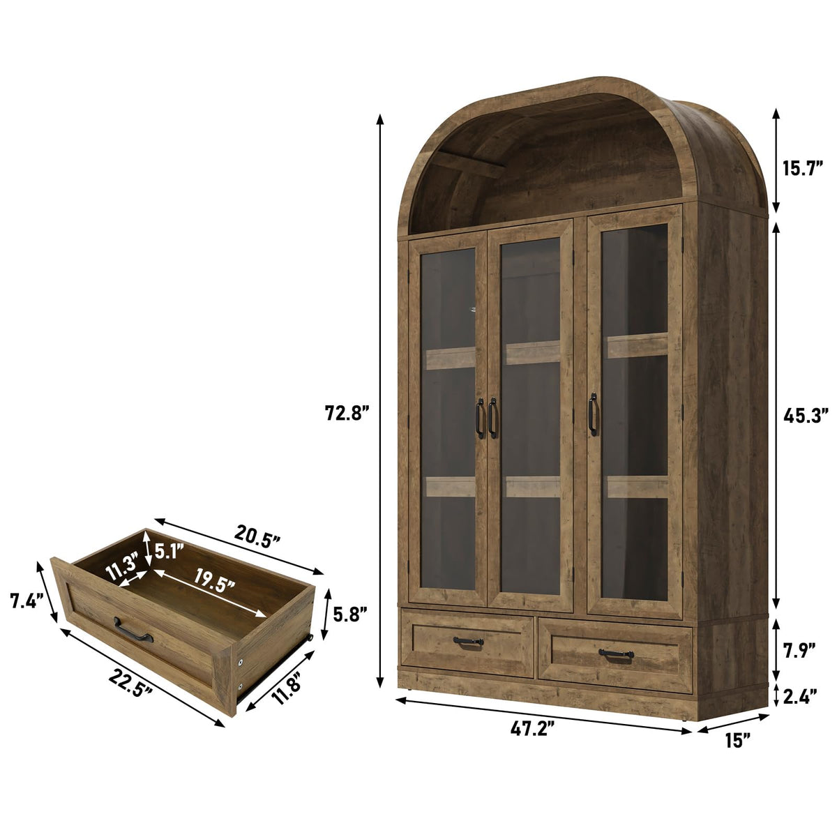 chartustriable 73" Tall Arched Kitchen Pantry Cabinet w Load-Bearing Steel Pipe,Modern Farmhouse Kitchens Storage Cabinet with Drawer and Glass Doors,Tall Arched Bookcase,Pantry Organizer(Natural)