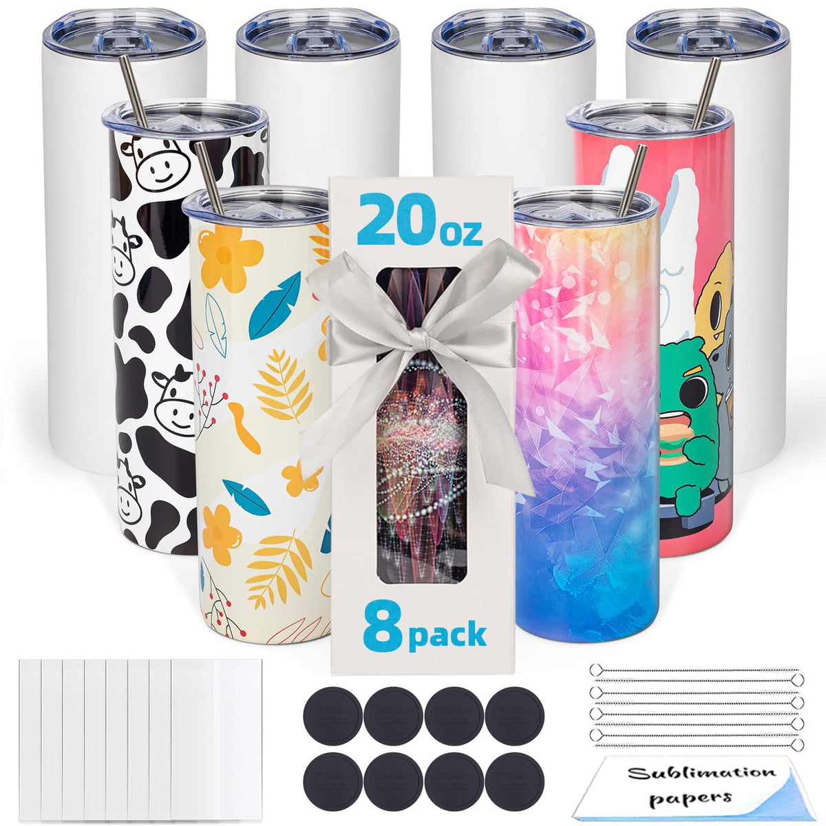 UIRZOTN 8 Pack 20oz Sublimation Tumbler Blanks Skinny Straight in Bulk, Stainless Steel Insulated Sublimation Tumbler with Polymer Coating for Heat Transfer, With Lid, Straw, ribbon, Gift box