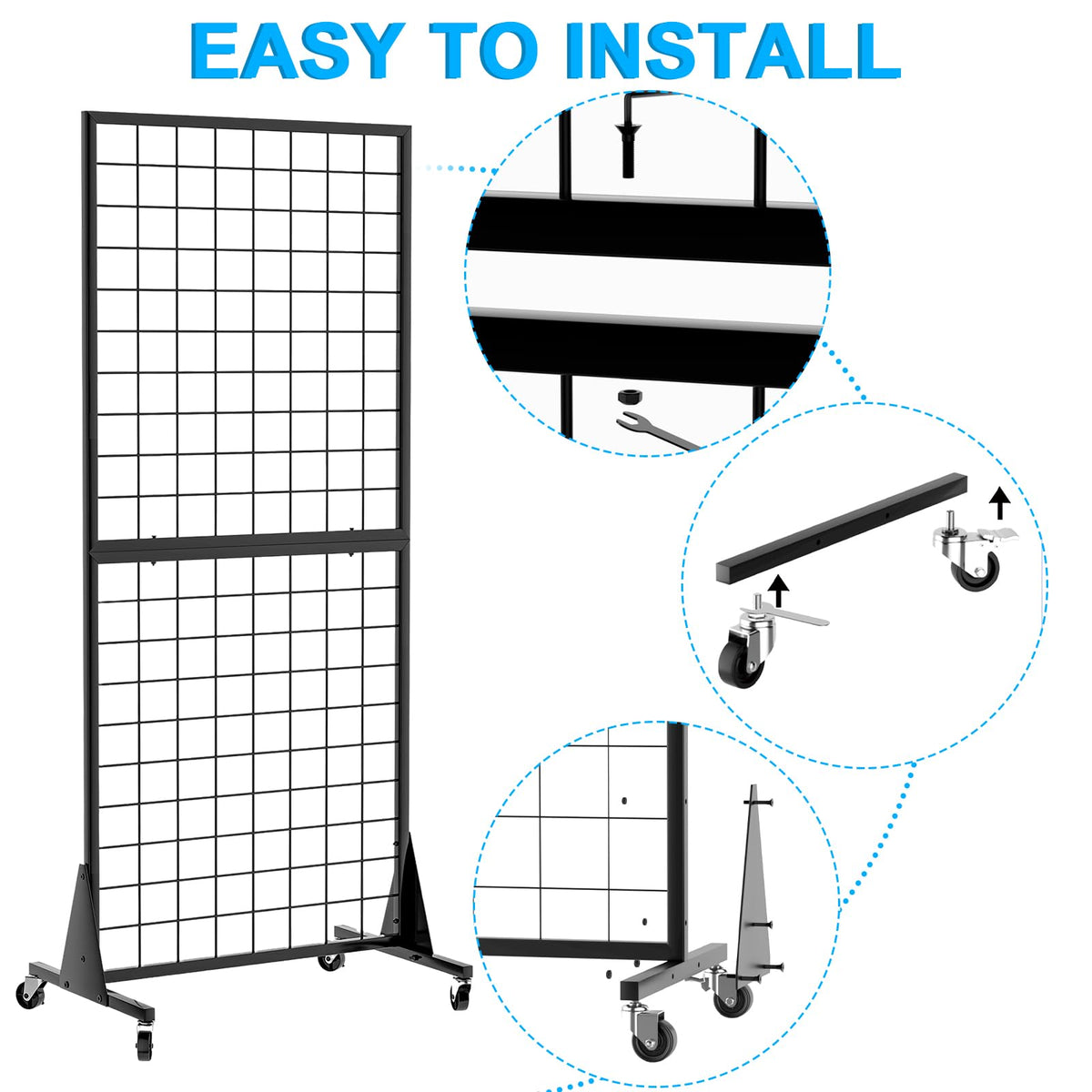 QKOSMTL 4-Pack Gridwall Panel Display Stand, 2'x5.5' Heavy Duty Floor Standing Rack with Detachable Girdwall, Movable Silent Wheel, Easy to Transport, Ideal for Retail & Craft Fairs