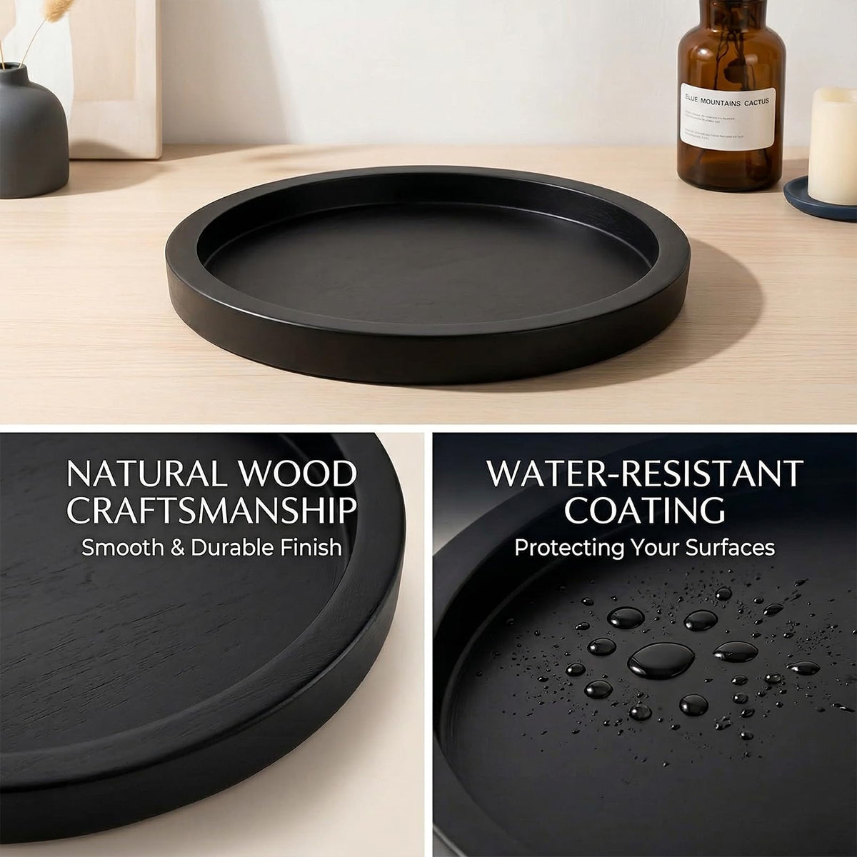 OKSON 3-Pack Round Wooden Candle Plate Holder Trays, Rustic Farmhouse Decorative Round Wood Tray for Coffee Table, Dining, Tealight & Pillar Candles, Party, Wedding, Christmas Home Decor (Black)