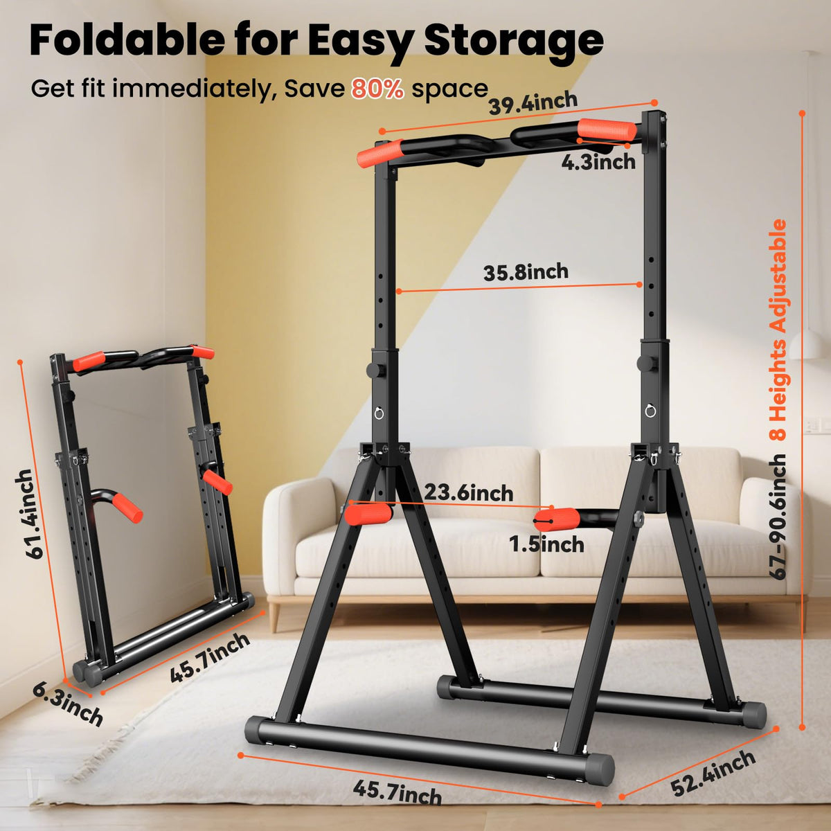 WATBKHE Foldable Power Tower Pull Up Bar Dip Station, Pull Up Bar Standing for Home Gym Adjustable Height, Multi-Functional Workout Equipment Strength Training Machine, Support 460LBS