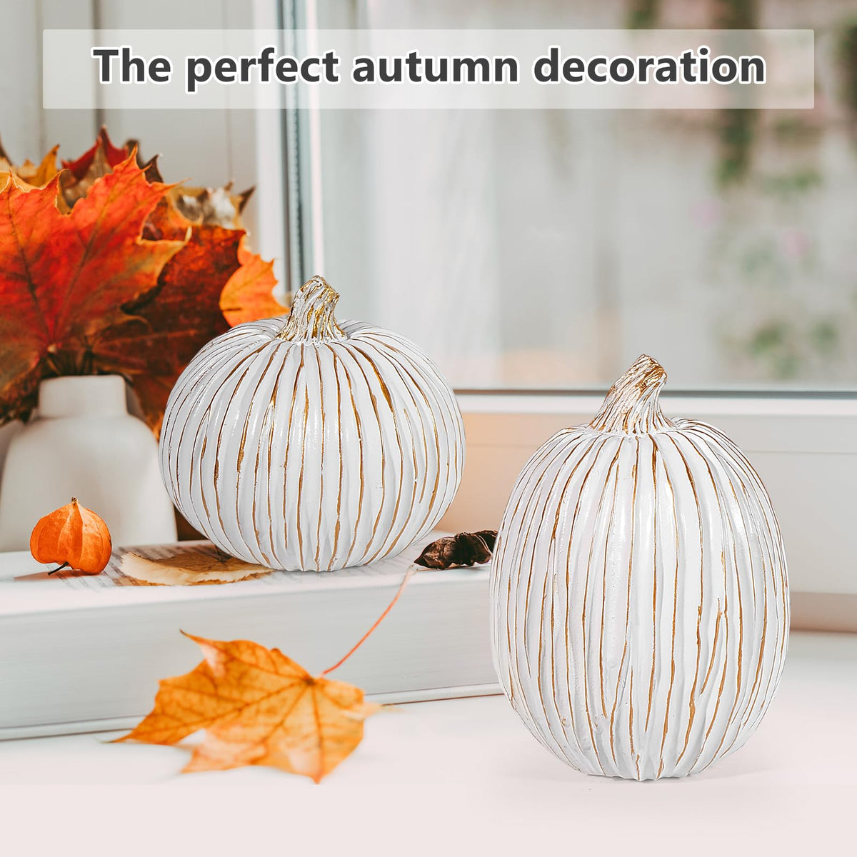 2Pcs Halloween Pumpkin Artificial Resin Pumpkins Decor for Mantel Harvest Autumn Tabletop Decoration Gold Fall Pumpkin Decorations Thanksgiving Table Centerpieces (Set B, ONE Size)