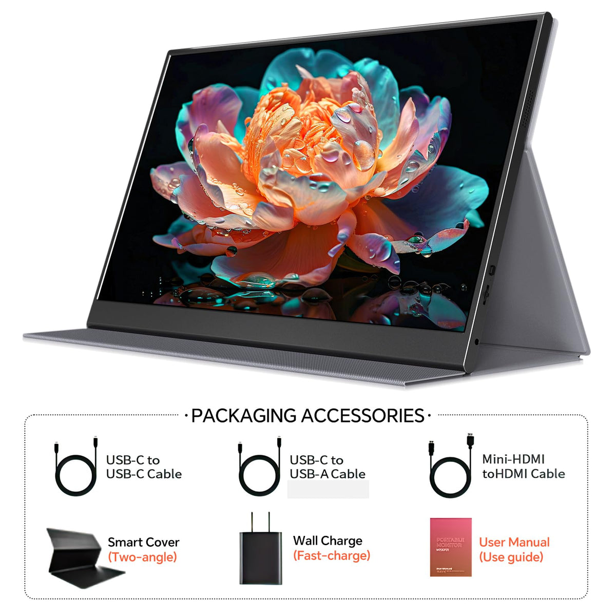 WGK 15.6 inch Portable Monitor 4K UHD 100%sRGB Travel Display HDMI/USB-C Compatible with Laptops, Desktops, Phones, PS, Mac, Xbox, Switch, and Other Gaming Devices Kickstand & Speakers VESA Mountable