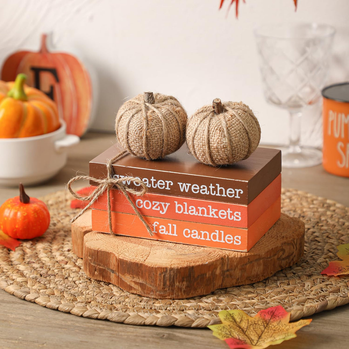 KORMMCO Thanksgiving Decor, Fall Tiered Tray Decor, Wood Book Stack with Maple Leaves & Pumpkins, Farmhouse Mini Decorative Books Bundle, Fall Decor for Table