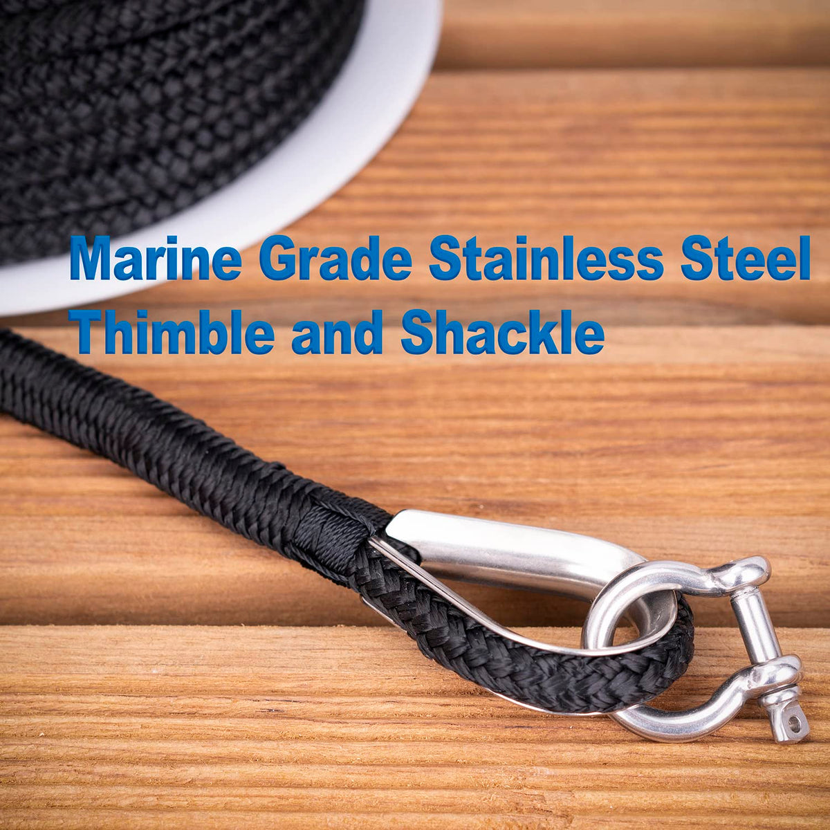 Young Marine Made 3/8 Inch 100FT 150FT Black Nylon Anchor Line Double Braided Anchor Rope/Line with Thimble (3/8" x 100')