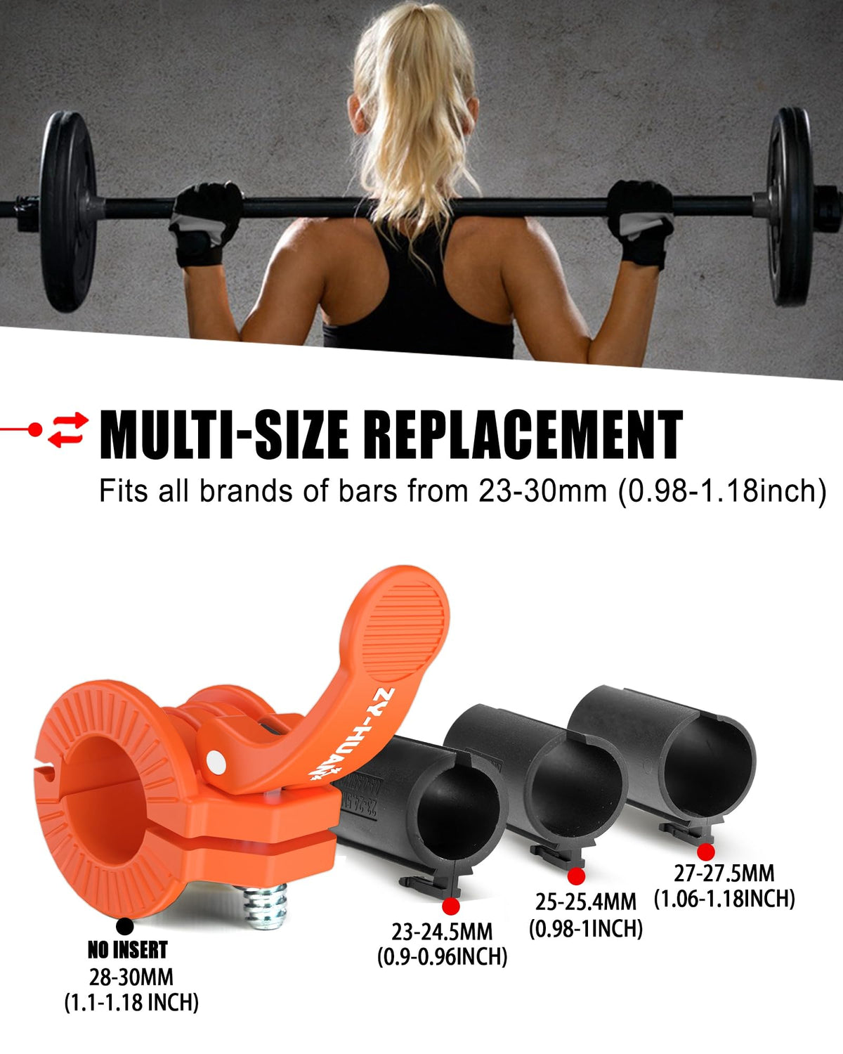 ZY-HUAN Pro Barbell Clips 1 inch Barbell Clamps 0.9-1.18inch Quick Release Weight Clips for Bars Multi-Size Adjustable Olympic Barbell Clamps (Orange)