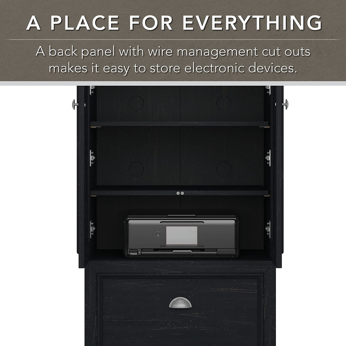 Bush Home Fairview 2 Door Storage Cabinet with File Drawer in Antique Black and Hansen Cherry