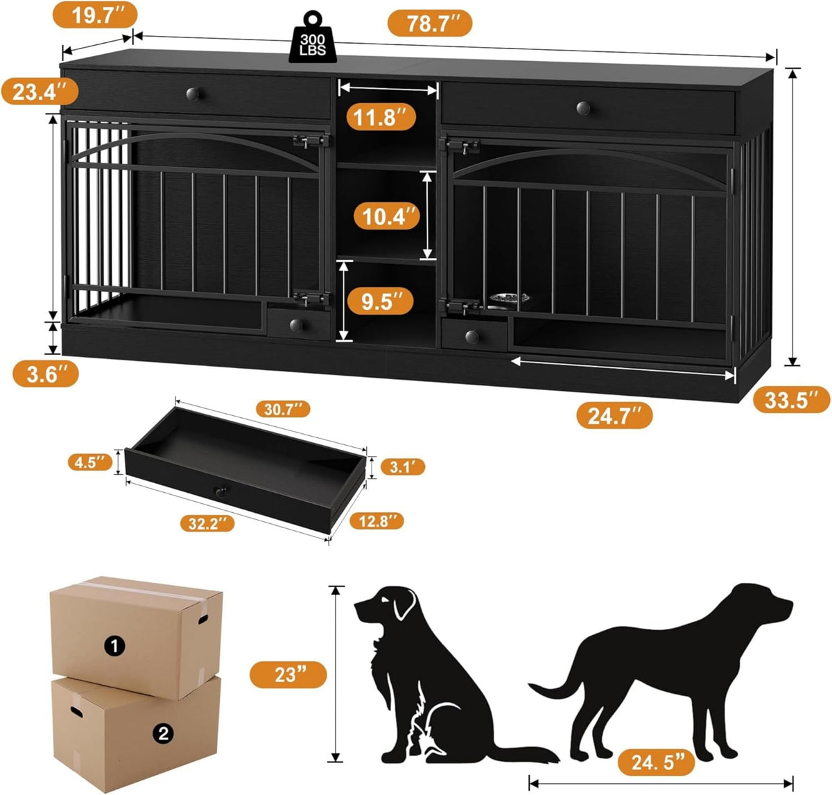 GAOMON Dog Crate Furniture for 2 Dogs, 78.7'' Large Dog Kennel Indoor with 2 Storage Drawers, 3 Shelves and Feeding Bowls, Double Dog Crate TV Stand for Small and Medium Dogs, Black