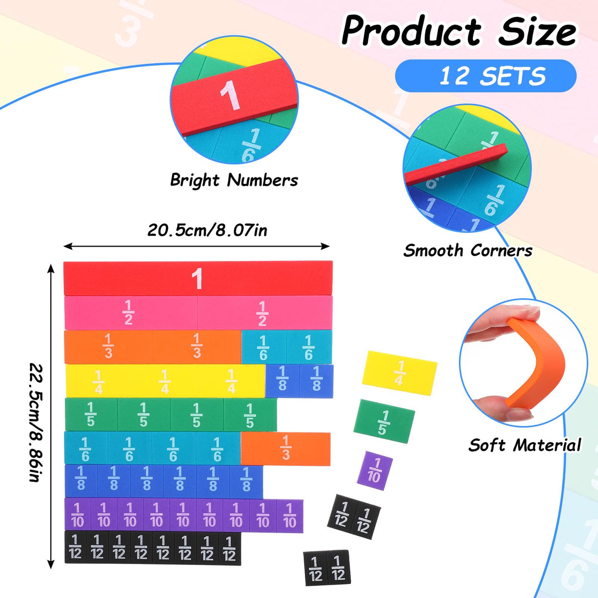 12 Sets Rainbow Fraction Tiles Set, Plastic Fractions Manipulatives Math Magnetic Manipulatives for The Home Curriculum