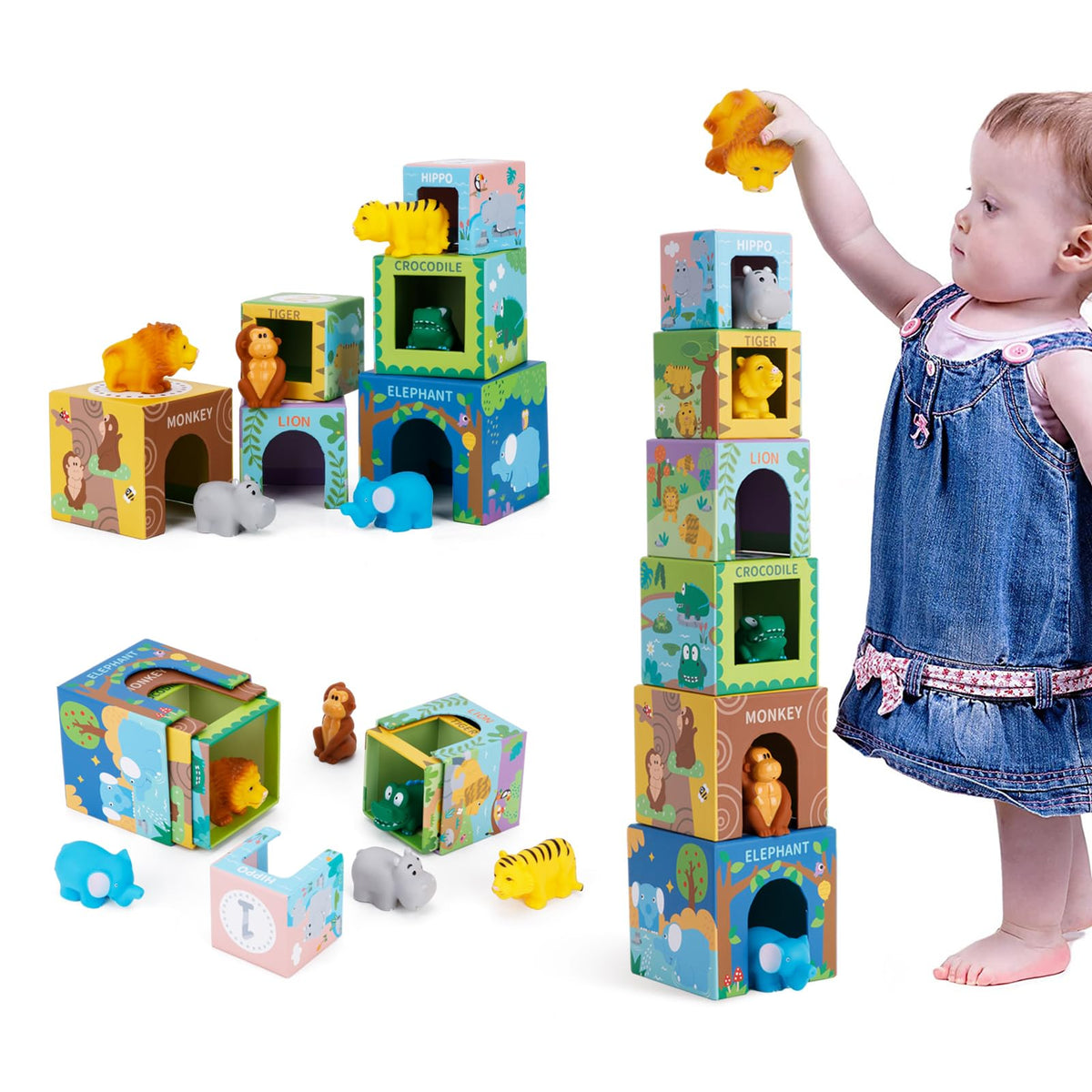 Sorting and Stacking Toys Blocks for Toddlers 1-3, Soft Safari Animal Bath Toys Age 2-4, Numbers Nesting Stackable Toys for Baby 12-18 Months, Montessori Toys Gifts for 1 2 3 Year Old Boys Girls