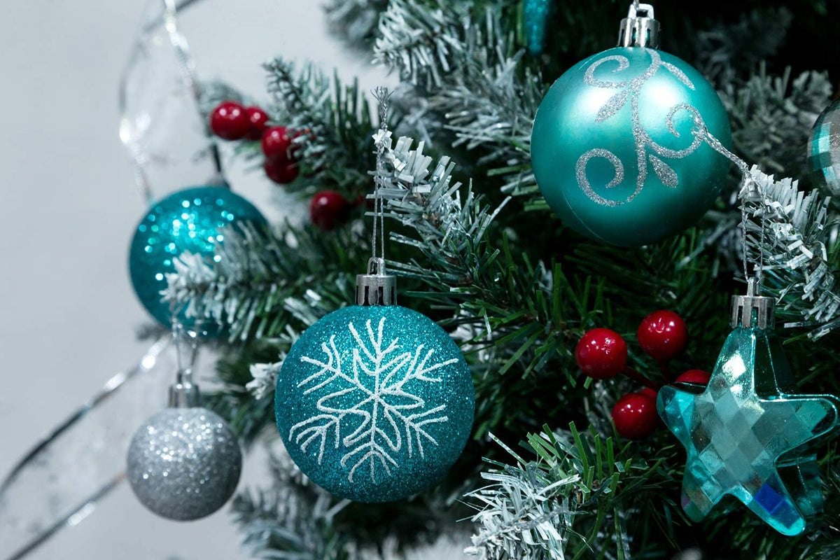 AUXO-FUN 73ct Assorted shatterproof Christmas Ornaments Luxury Collection Set in Reusable Hand-held Gift Package for Christmas Tree Decoration (Turquoise & Silver)
