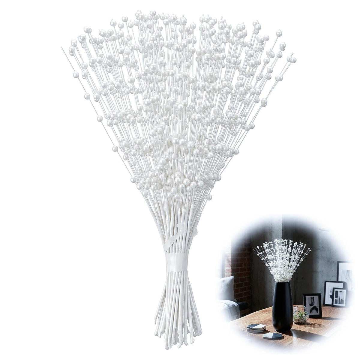 Alrhso 50 Pcs Pearl Floral Picks Pearl Bouquets 4mm Bead String Garland Floral Beaded Spray Filler Arrangements Christmas Tree Picks Wedding Decor (White)