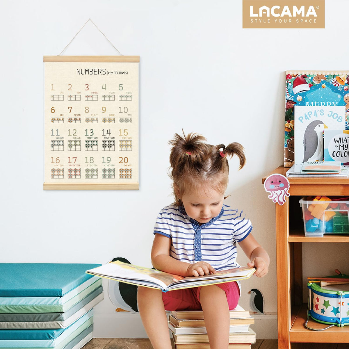 Lacama 1-20 Number Chart Wooden Poster Hanger,Educational Charts & Posters Hanger Frame - Homeschool Supplies，Kids Learning Educational Gift for Toddler Ages 2 3 4 5,12x16 Inches