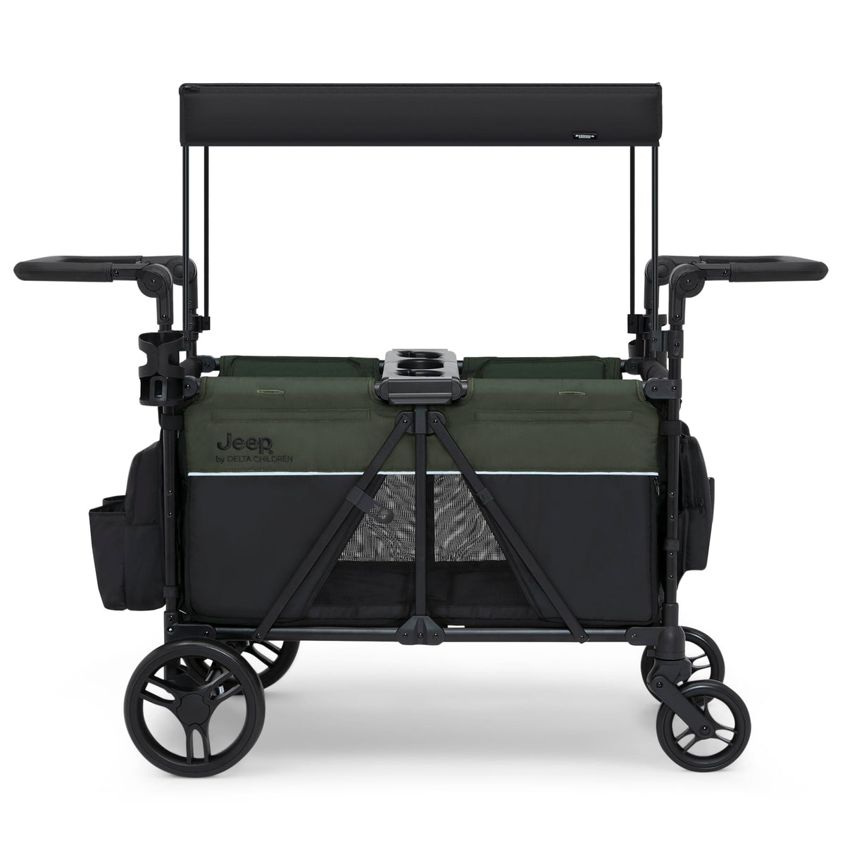 Jeep Aries Stroller Wagon by Delta Children Premium Wagon for 2 Kids with Convertible Seats, Adjustable Push/Pull Handles, Removable Canopy & Flat Fold - Greenguard Gold Certified, Black/Green